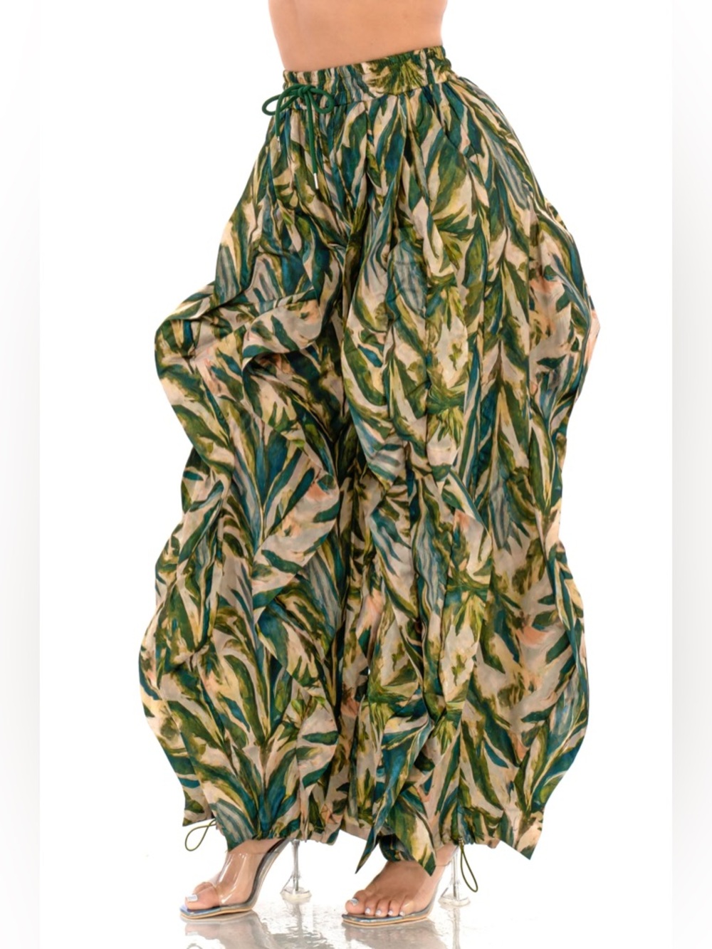 Green Tropical Print Wavy Ruffle Pants